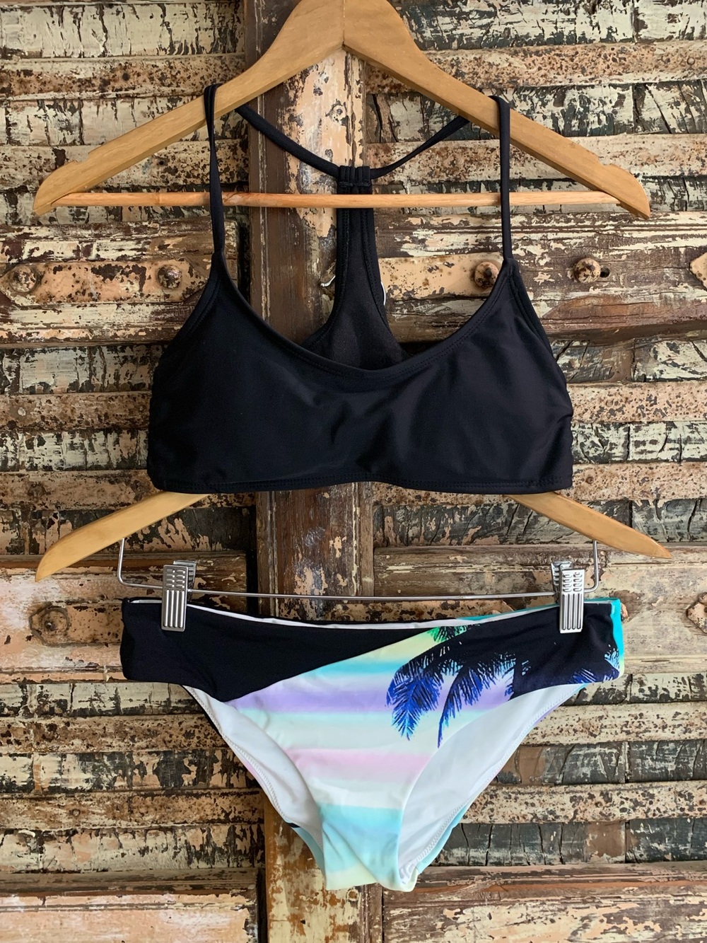 Victoria's Secret Bikini Pastel Palm Print Hipster Bottom & Black Strappy Top, S
